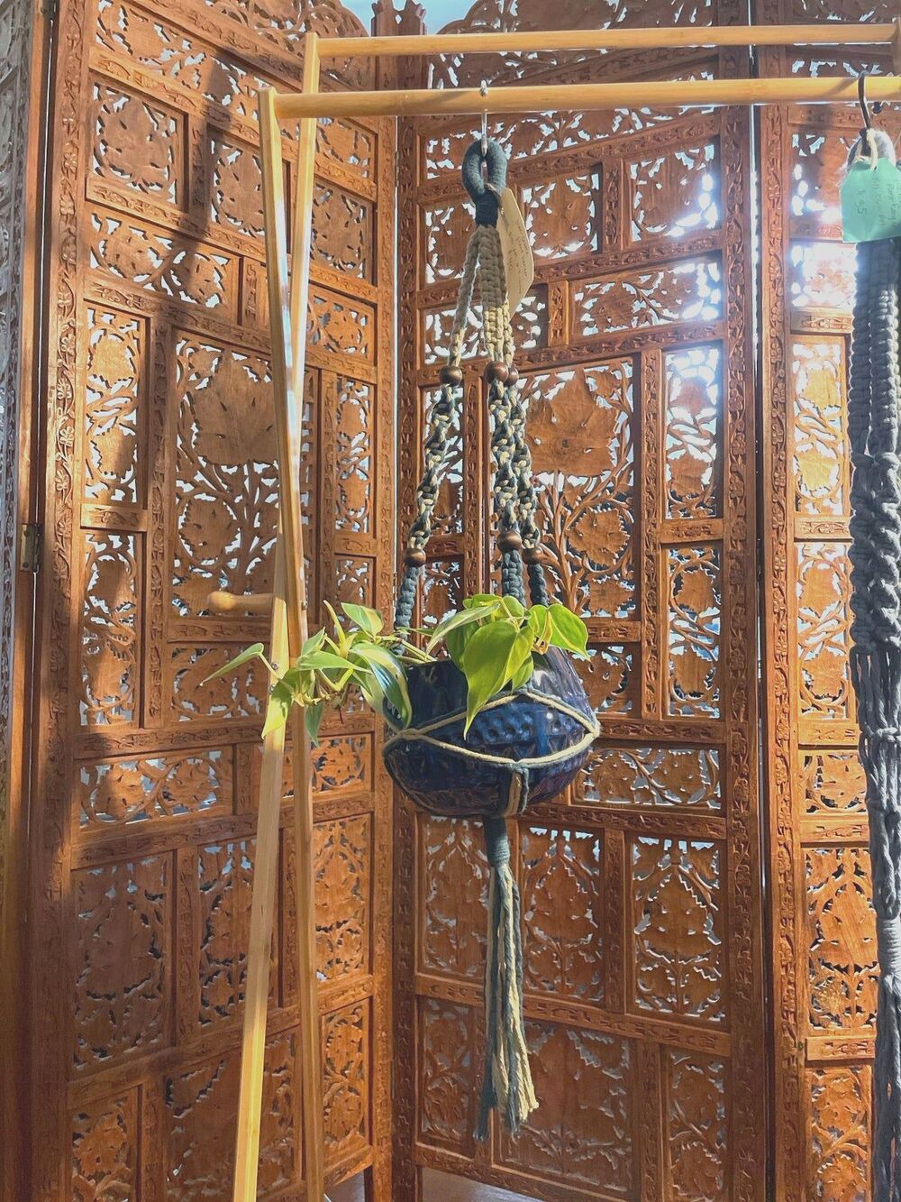 Navy and Taupe Macrame Plant hanger with wooden beads